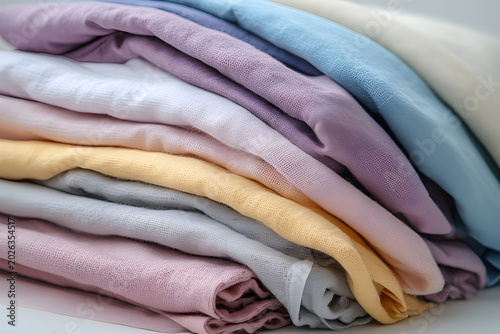 A neat stack of soft folded fabrics in various pastel colors showing textured weaves.