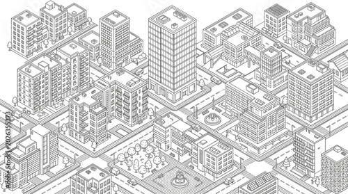Detailed Isometric Cityscape Drawing with Many Buildings and Streets.
