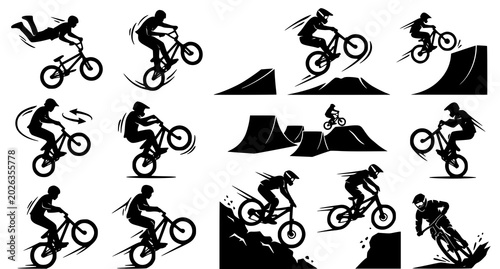Black silhouettes of mountain bikers performing stunts on bikes