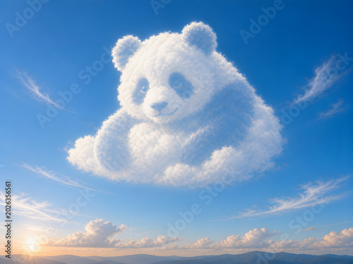 Whimsical panda shaped cloud floats serenely in a bright blue sky