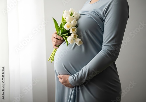 Pregnant Woman Holding White Tulip Bouquet Beside Soft Window Light