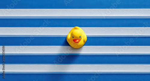 Cheerful yellow rubber duck sits against vibrant blue and white striped background, evoking playful and fun atmosphere. This captures essence of childhood joy and summer vibes