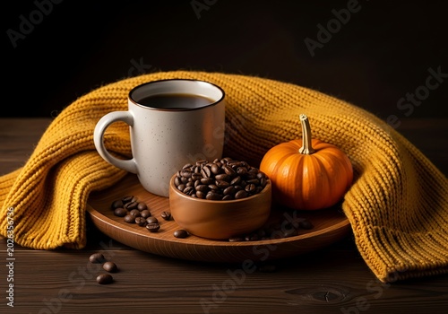 Cozy Autumn Coffee Cup with Pumpkin and Knit Blanket on Rustic Wooden Table