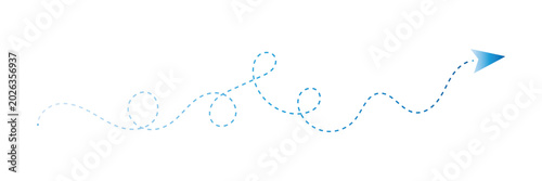 Konstfotografi Blue dotted line traces a whimsical path ending in a paper airplane graphic isol