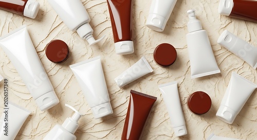 White and Brown Cosmetic Tubes Arranged on Beige Marble Surface