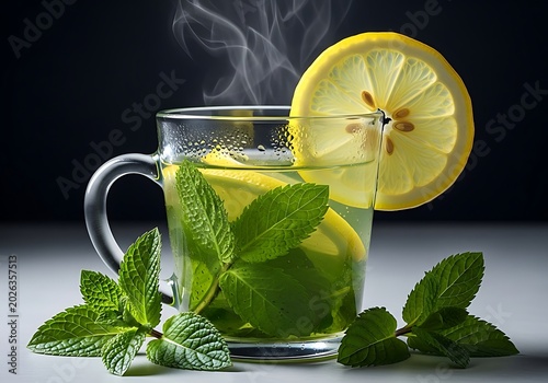Steaming Lemon Mint Tea in Clear Glass Cup on Dark Background