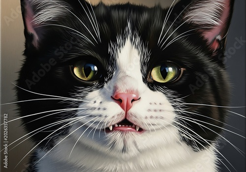 Close Up Black and White Cat Staring Forward Indoors