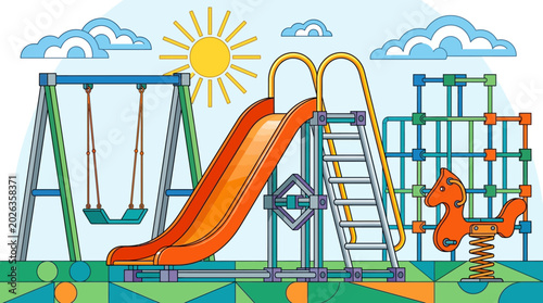 Foto Colorful Vector Illustration of a Children's Playground with Slide, Swings, and