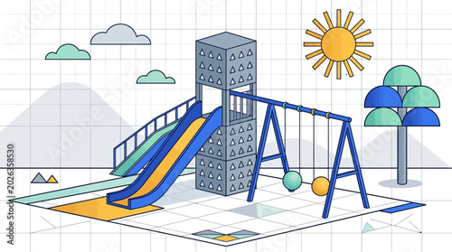 Foto Minimalist Isometric Playground Illustration with Slide, Swing Set and Tower in