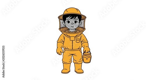 Cartoon character in beekeeper suit.