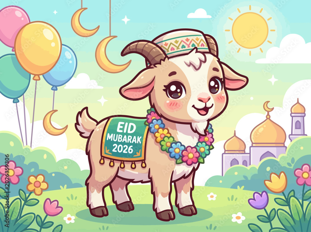 Fototapeta premium Cute Goat Eid Mubarak Celebration.