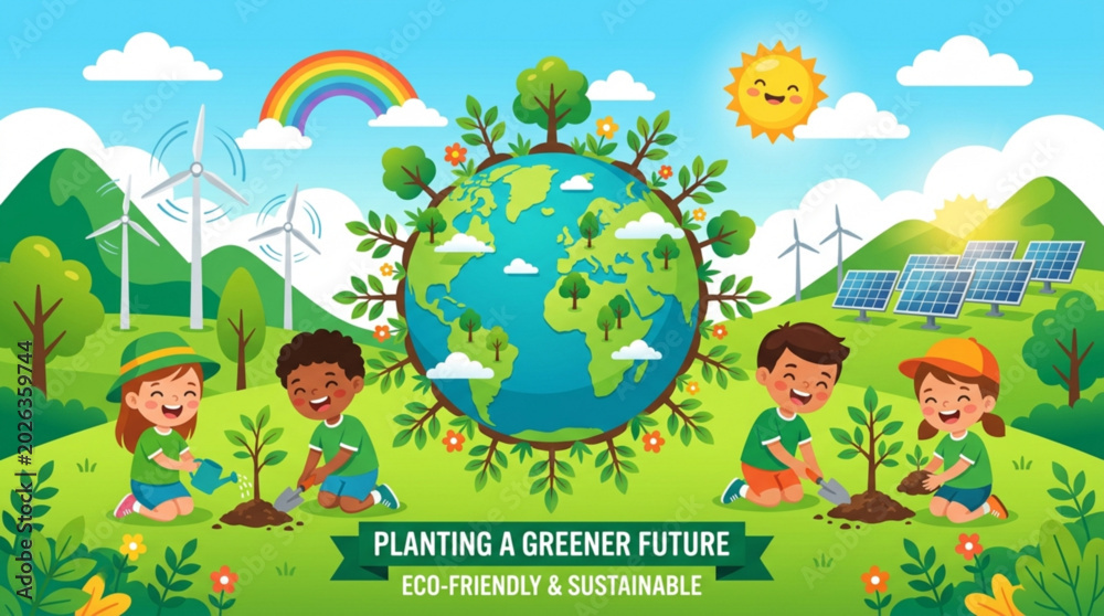 Fototapeta premium Children planting trees around earth with renewable energy sources in background for eco friendly sustainable future