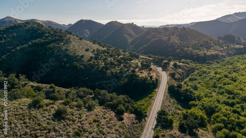 Aerial view of Highway 166 winding through rolling hills and valleys near Santa Maria, California