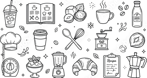 Photos Coffee shop and bakery icon set with doodle recipe book croissant grinder blende