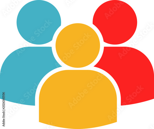 Stylized icon depicting a diverse group of three people in blue, yellow, and red, representing community and teamwork.