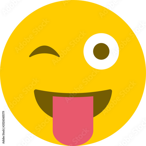 Photos A playful yellow emoji face winking with one eye, the other wide open, and a pink tongue sticking out