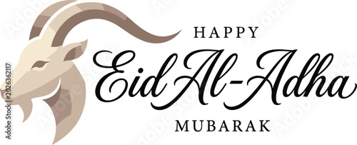 Happy Eid Al-Adha Mubarak typography banner featuring an elegant vector illustration of a goat with horns for Islamic festival