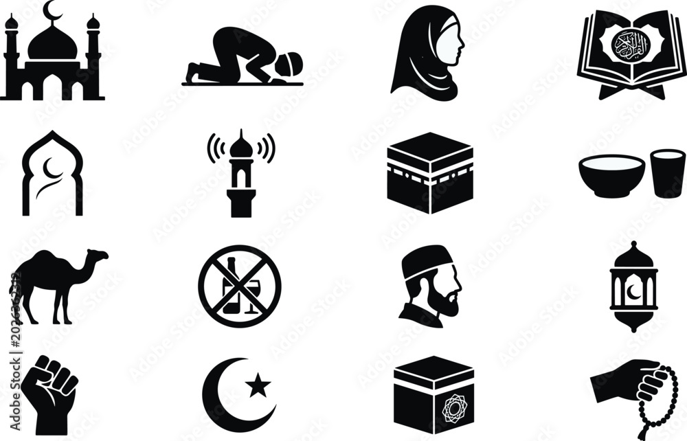 Fototapeta premium Islamic and Ramadan solid black glyph icons set featuring mosque, Kaaba, holy Quran, praying person, and crescent moon vectors