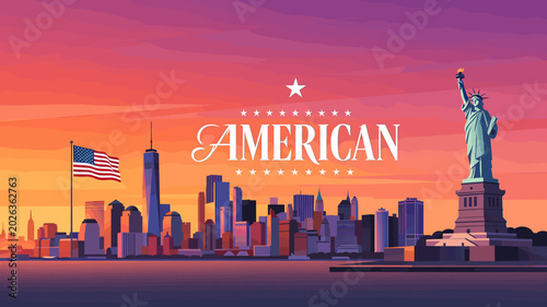 A vibrant illustration of the New York City skyline at sunset, featuring the Statue of Liberty, an American flag, and iconic skyscrapers, with 
