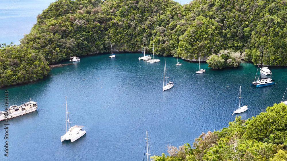 Naklejka premium Aerial View of Catamarans and Sailboats Anchored in a Tropical Palau Lagoon