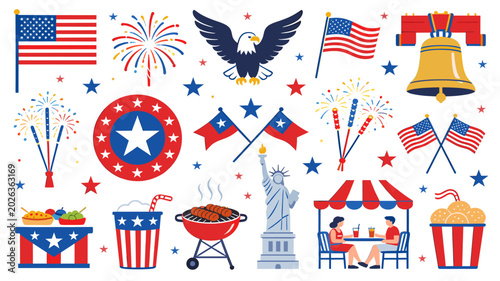 A vibrant collection of American patriotic symbols and Fourth of July celebration elements, including flags, fireworks, the Statue of Liberty, and a BBQ.