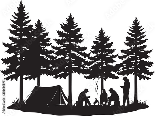 Black silhouette of people camping in forest with trees