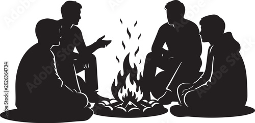 Four people sitting around a campfire silhouettes