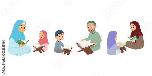 Fotografie A collection of illustrations featuring a Muslim Quran teacher teaching children to read the Quran while wearing modest Islamic clothing