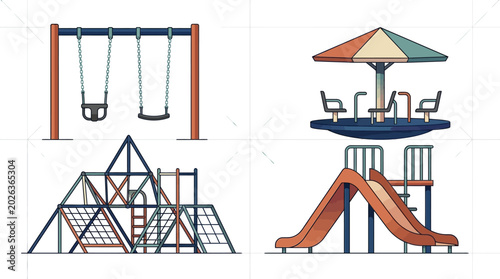 Foto Flat Line Art Playground Equipment Set: Swing, Carousel, Jungle Gym, and Slide V