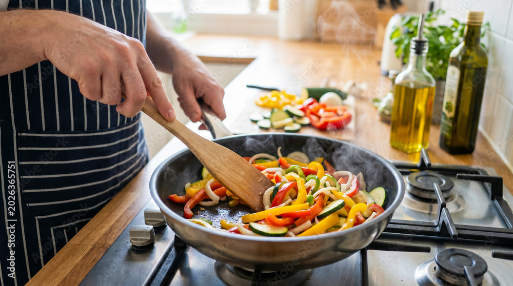 Obraz premium Person cooking fresh vegetables in a frying pan on a stovetop.