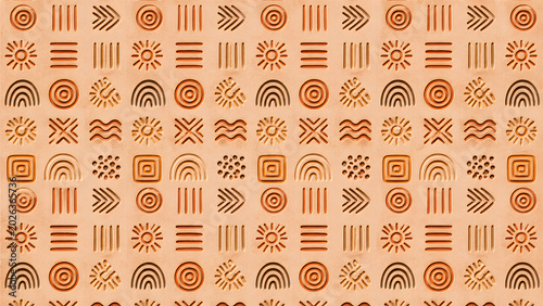 Seamless pattern of ancient tribal symbols carved into textured terracotta background