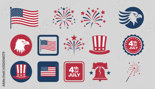 Fotografía Collection of American Independence Day themed icons and graphics, featuring the US flag, fireworks, eagles, and patriotic symbols
