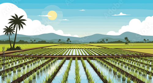 Picturesque rice field landscape with symmetrical rows of crops, palm trees, and mountains under a bright sunny sky.