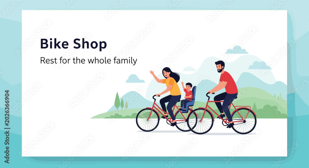 Fototapeta premium Happy family of three enjoying a sunny day riding bicycles together through a beautiful hilly landscape and fresh air.