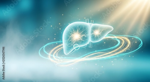 Futuristic digital illustration of a glowing human liver, symbolizing health, regeneration, and advanced medical technology for vital organ wellness and innovative care