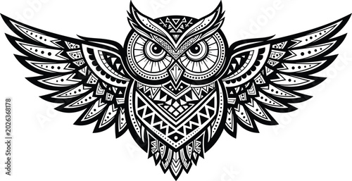 Photography Owl wings spread geometric symmetrical tattoo design black white illustration ar