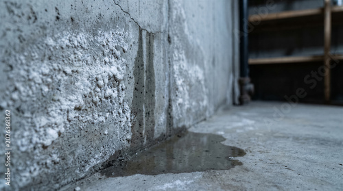 Concrete basement wall with water leak, vertical crack, and white efflorescence salt deposits causing dampness and moisture damage