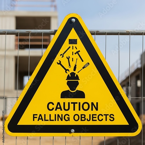 Yellow triangular caution sign warns of falling tools on a construction site