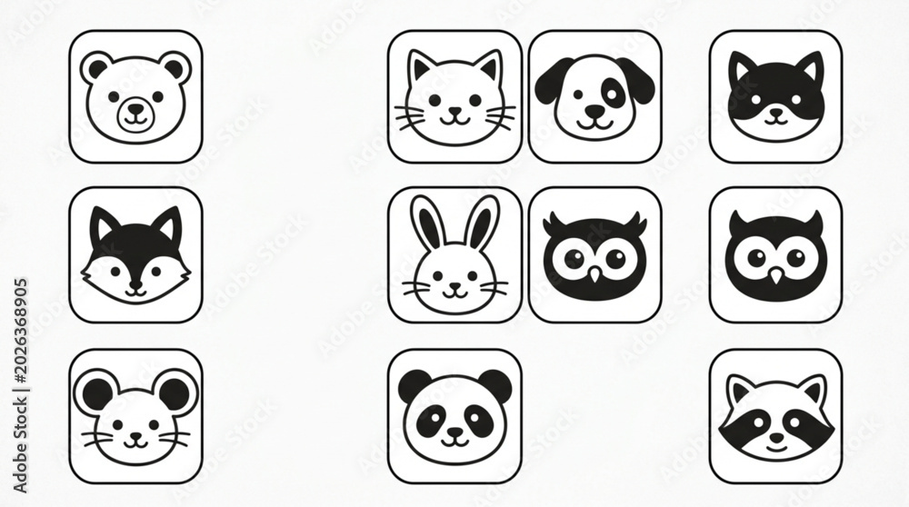 Obraz premium Collection of Cute Animal Face Icons in Simple Outline Style.