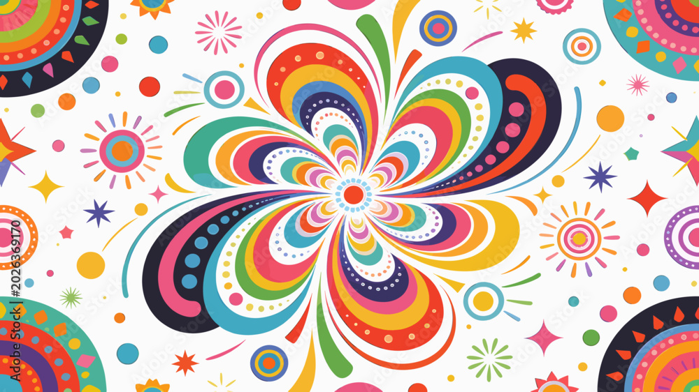 Fototapeta premium Vibrant and colorful abstract floral explosion with concentric circles and starburst patterns on a white background.