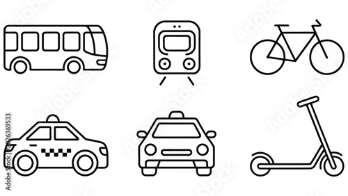 Fotografia Black line icons of various modes of transportation on white background  bus tra