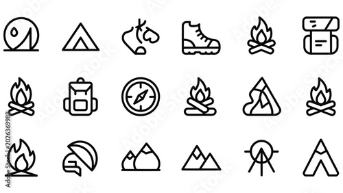Camping and hiking icons including tents campfires mountains and outdoor gear symbols