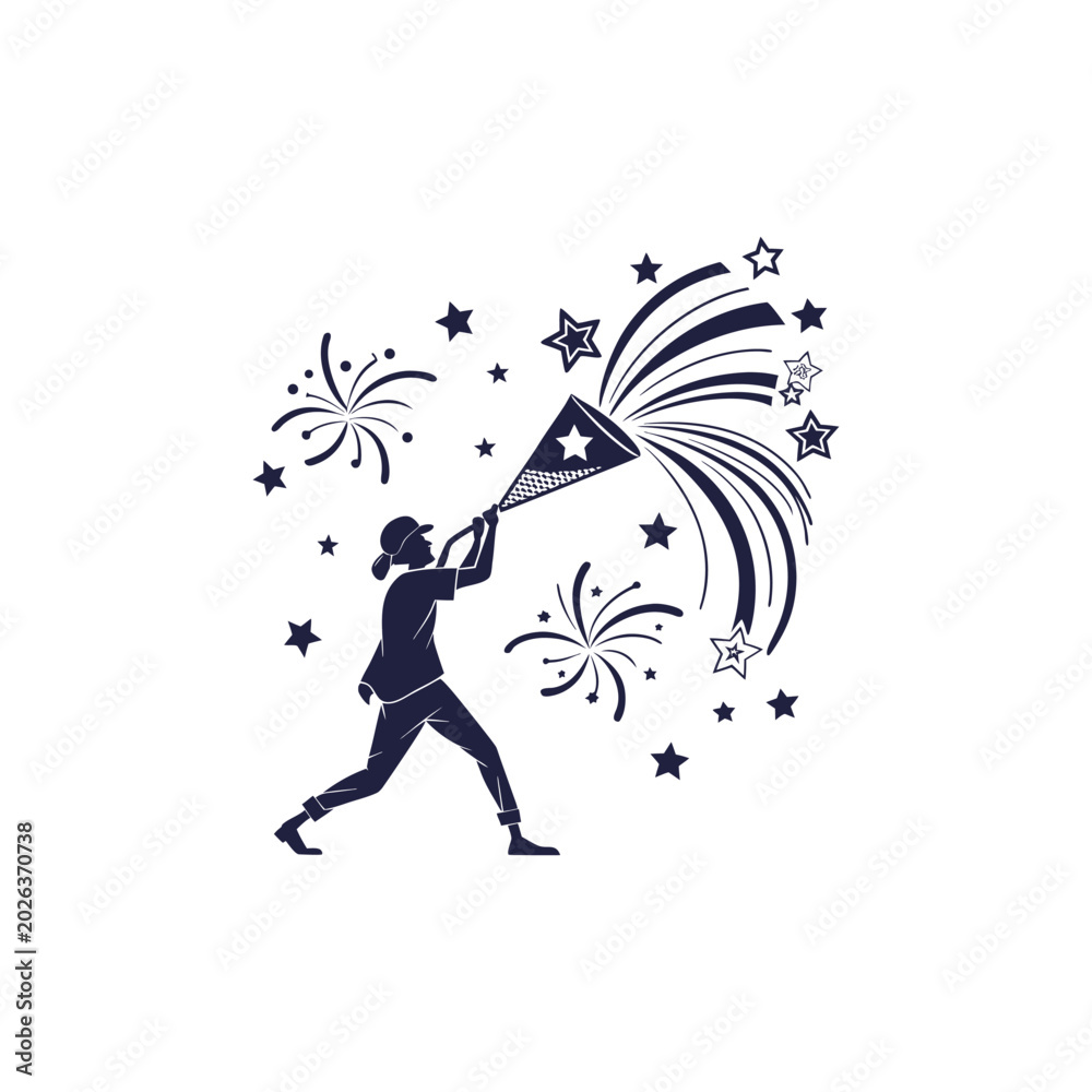 Obraz premium Silhouette of Person Sweeping with Broom Creating Abstract Starburst Dust Effect in Minimalist Line Art Style