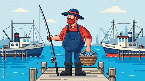 Photos Flat Vector Illustration of a Fisherman Standing on a Wooden Dock Holding a Fish