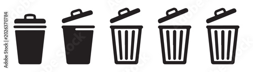 Bild auf Leinwand Stripe patterned trash bin icons with open lid details showing minimalist flat vector style collection