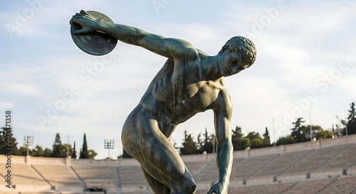 Ancient athlete poised for discus throw in stadium