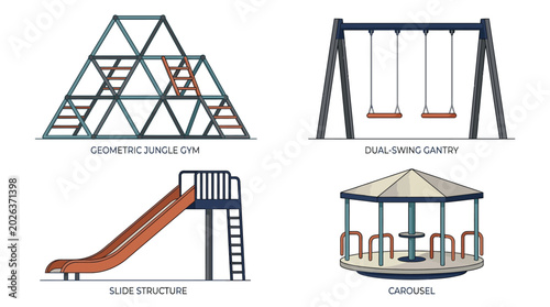 Fotografie Playground Equipment Set Illustration featuring Geometric Jungle Gym, Swings, Sl