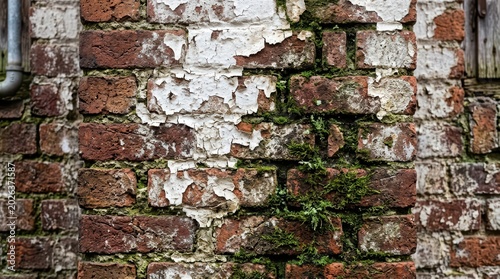 Brick Wall with Peeling Paint and Moss Architecture Texture