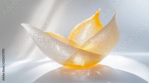 A delicate, textured glass sculpture in yellow and clear tones, resembling petals, catches the light against a bright background. AI.
