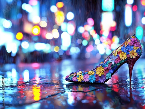 A high heel shoe adorned with colorful flowers rests on a wet, reflective surface with blurred city lights in the background. AI.